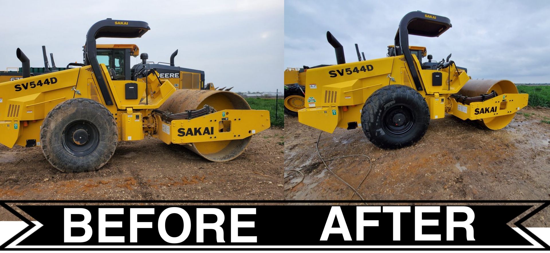 A before and after picture of a yellow road roller.