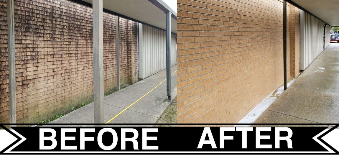 A before and after photo of a brick walkway