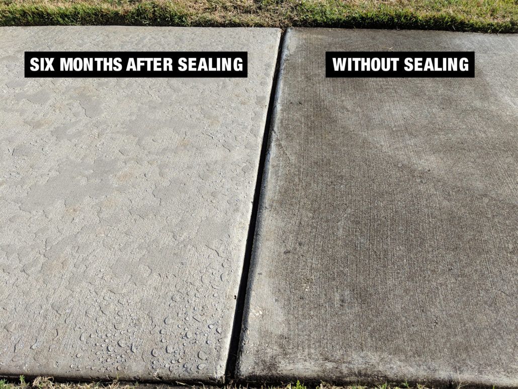 A picture of a sidewalk before and after sealing.