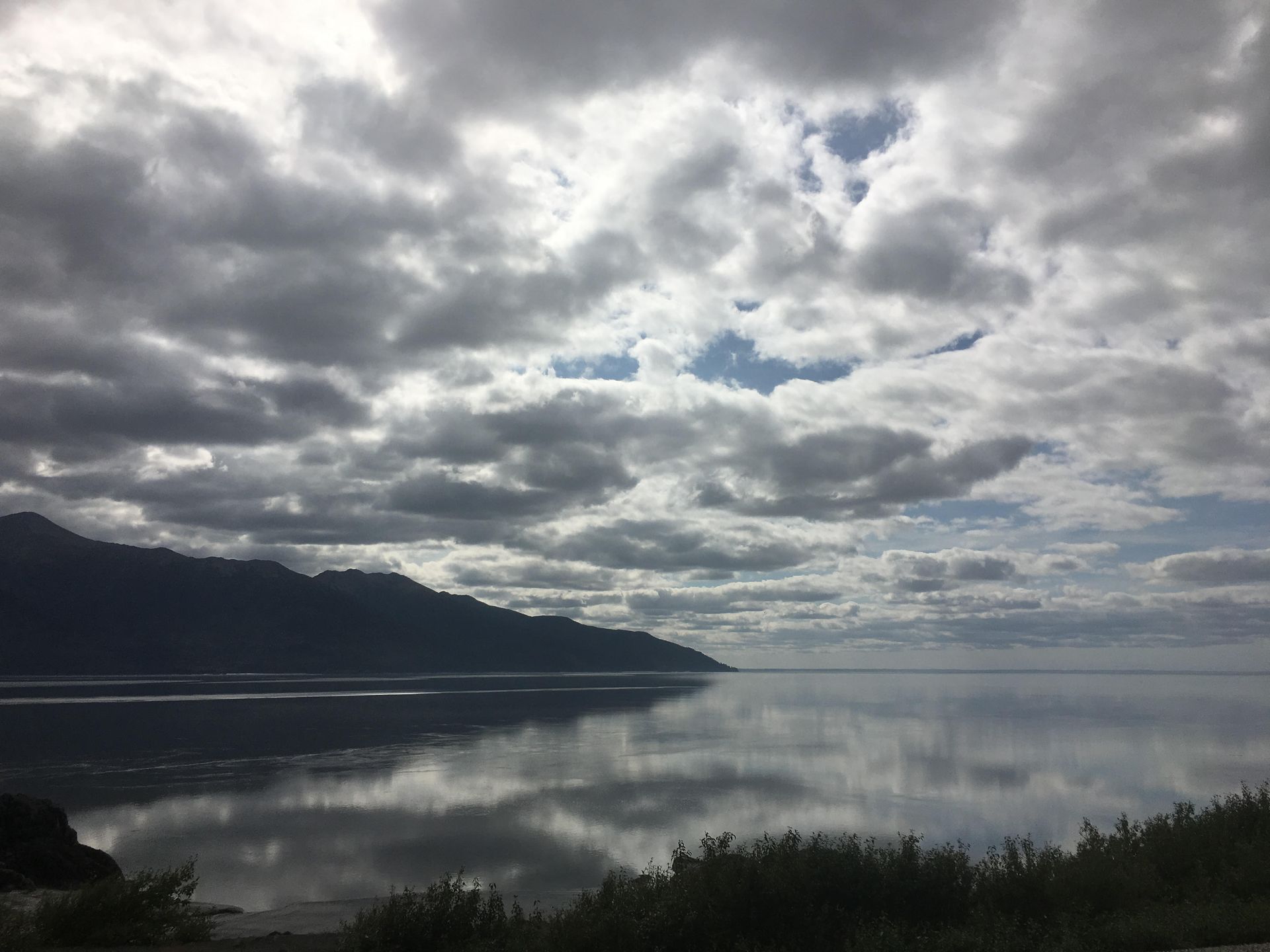 A cloudy sky over a lake with mountains in the background