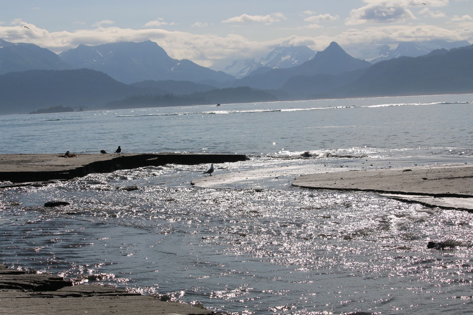 A body of water with mountains in the background