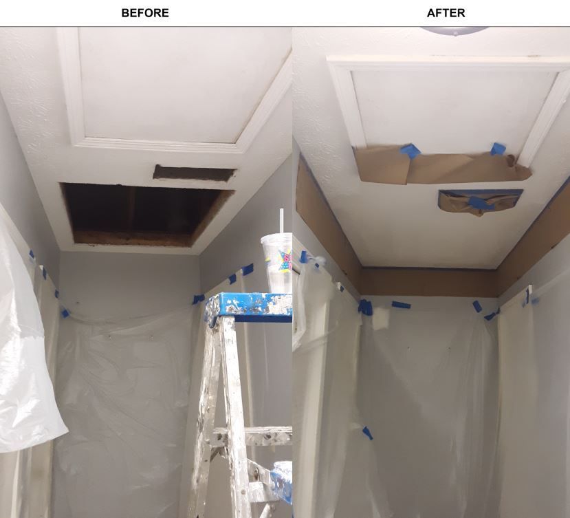 A before and after photo of a bathroom with a ladder