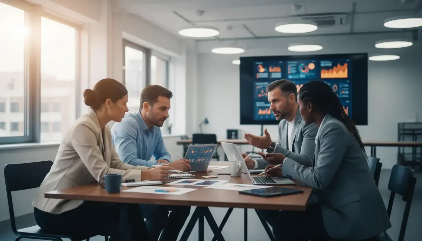 Equipe de agência de marketing de conteúdo e SEO debatendo novas ideias