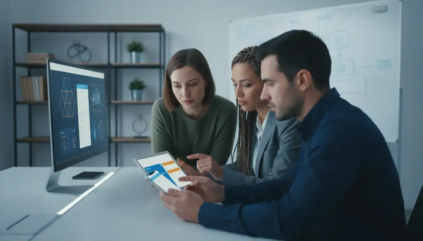 Equipe de desenvolvimento e design analisa e compara interfaces de aplicativos 