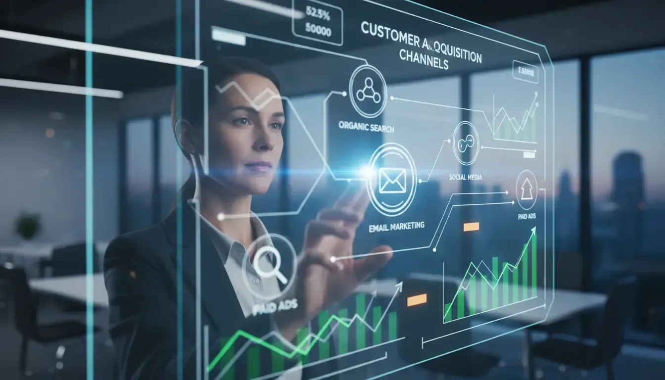 Mulher analisando canais de aquisição em painel digital, otimizando SEO e email marketing