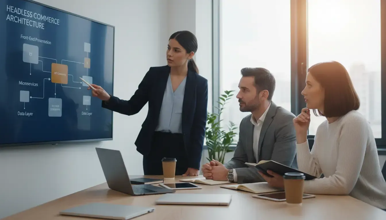 Consultora de uma das melhores agências VTEX IO apresentando a arquitetura de um projeto VTEX IO 