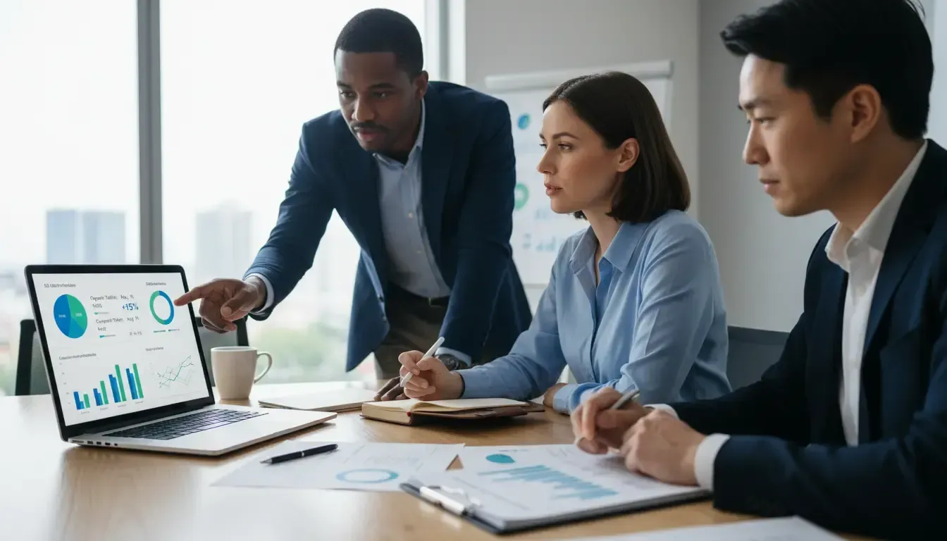 Profissionais em reunião analisando dados de desempenho de SEO.