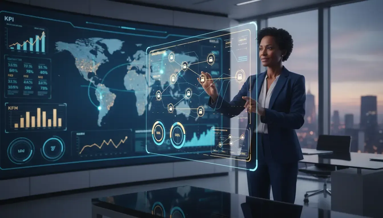 Executiva analisa dados globais e métricas em display futurista, e-commerce e decisões estratégicas.
