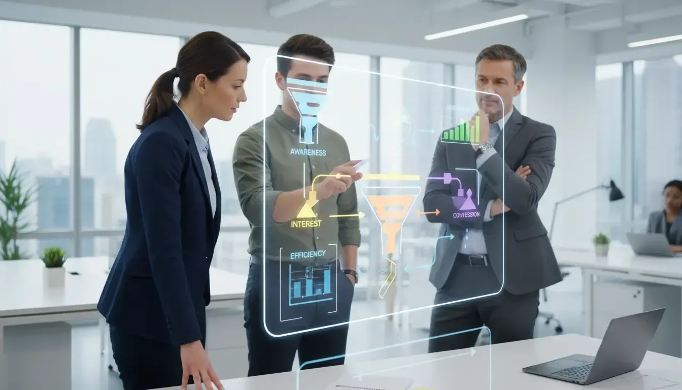 Analisam marketing em tela holográfica com funil e métricas de conversão.