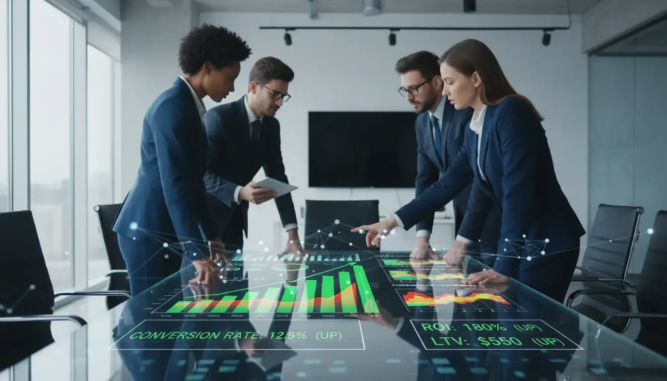 Profissionais de negócios analisando dados e métricas em uma mesa interativa futurista, colaborando