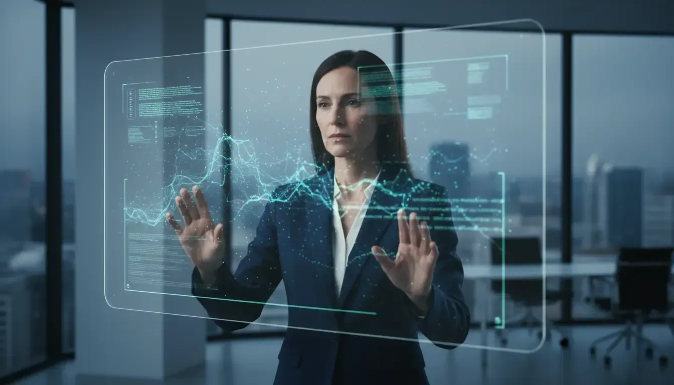 Mulher de negócios analisando dados em interface futurística, otimizando estratégias de SEO para 202