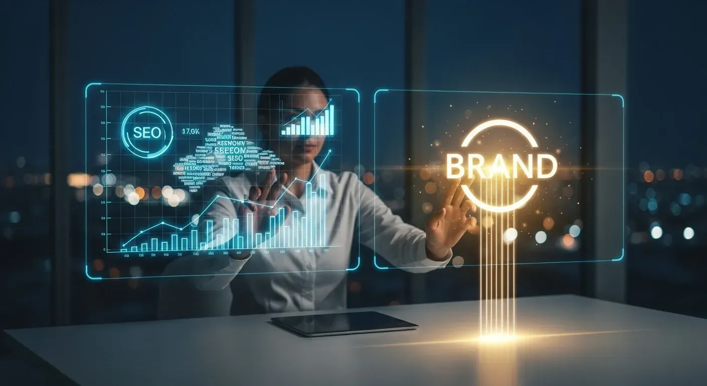 Conexão visual entre SEO e Branding: dados e gráficos impulsionando o valor de uma marca.