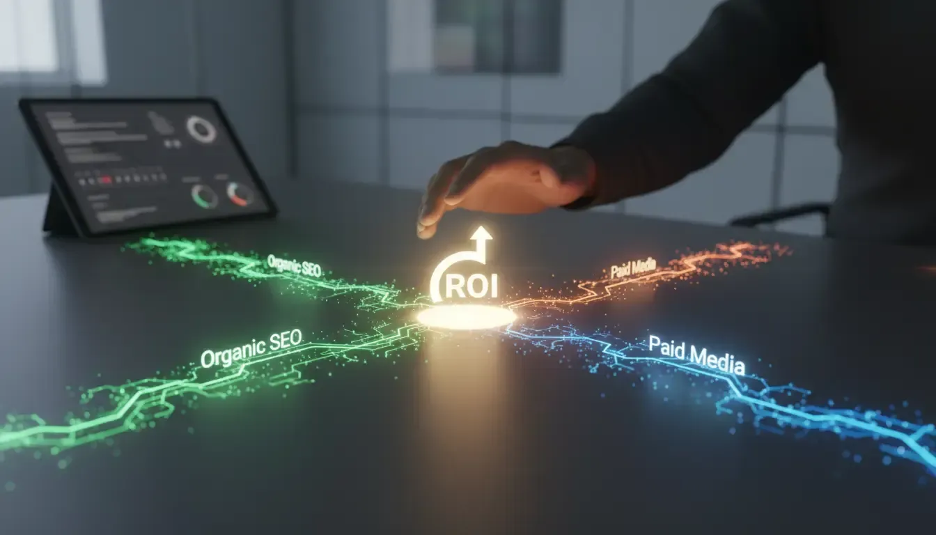 Mão interagindo com projeção holográfica de ROI, conectada a estratégias digitais como SEO orgânico