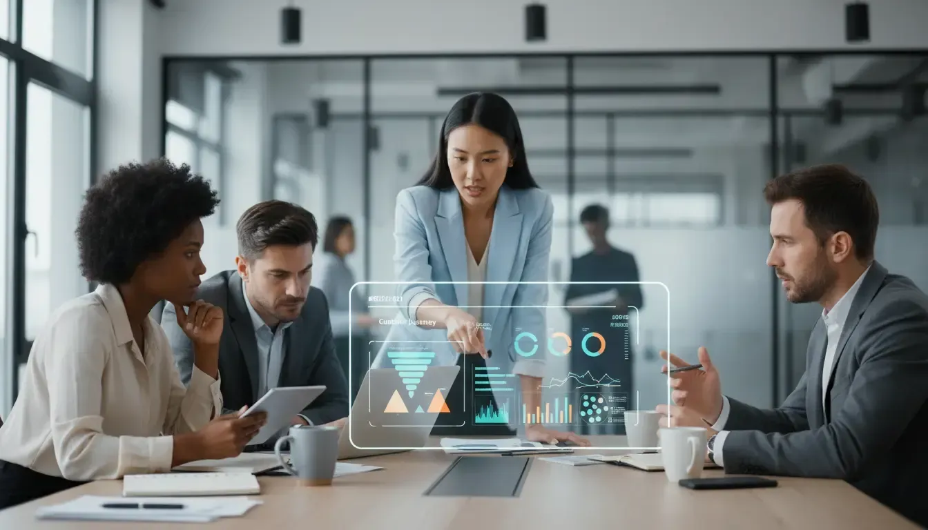 Equipe de agências de CRM para e-commerce em reunião estratégica, analisando dados e gráficos 