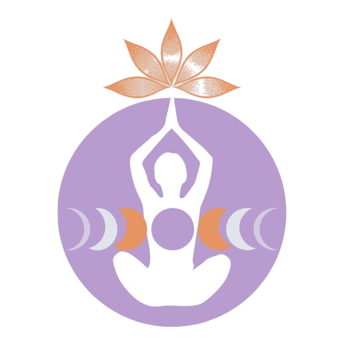 Figura de yoga con los brazos levantados, loto y lunas dentro de un círculo púrpura.