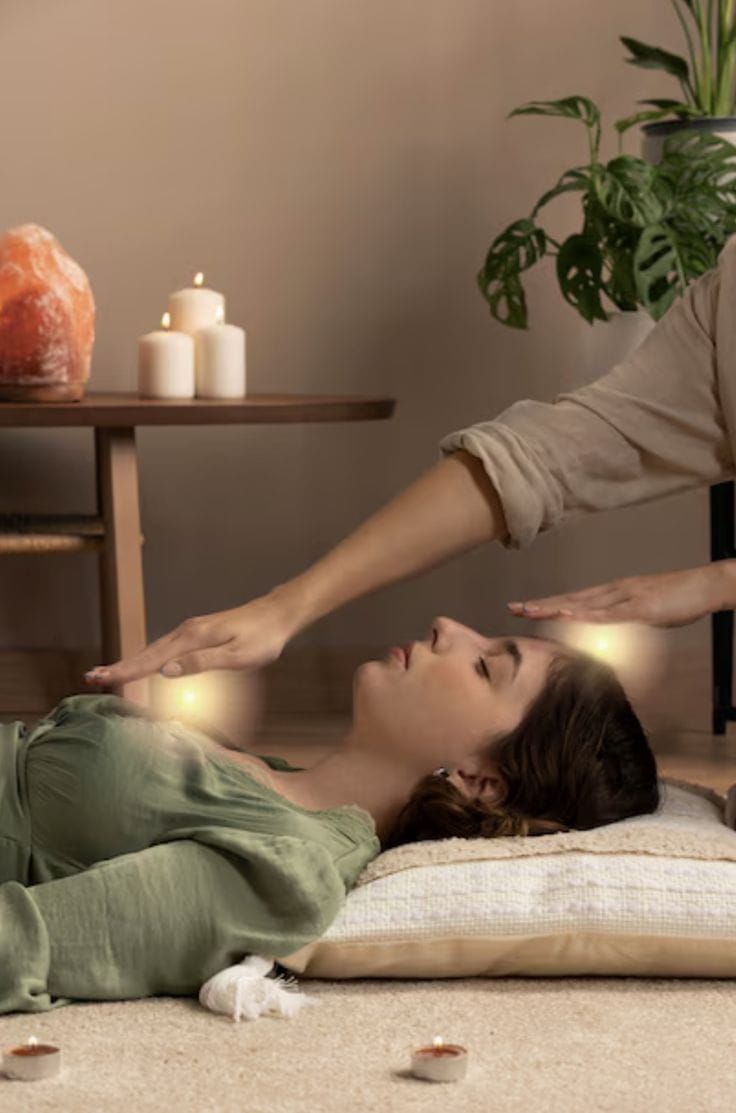 Mujer recibiendo tratamiento de reiki, con las manos suspendidas sobre ella, velas y plantas al fondo.