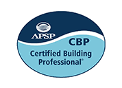 Blue oval logo for an APSP Certified Building Professional, featuring a stylized icon and the organization's text.