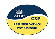 An oval-shaped certification logo for an APSP Certified Service Professional with a blue top and yellow bottom.