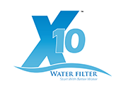 Logo for X10 Water Filter with a blue letter X, the number 10, and a wavy line over the text 