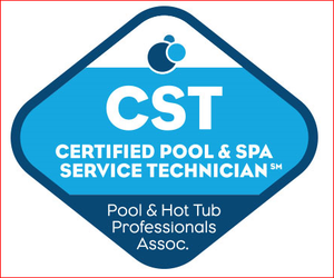 A diamond-shaped logo for Certified Pool & Spa Service Technicians, with blue text on a white and blue background.
