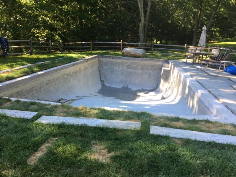 An empty, drained concrete swimming pool in a grassy backyard with stone patio borders, trees, and a wooden fence.