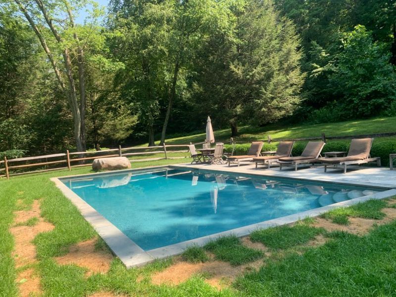 A rectangular swimming pool surrounded by a grass lawn, patio chairs, an umbrella, and a wooden fence in a wooded area.