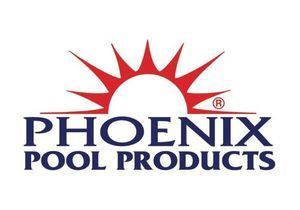 Logo for Phoenix Pool Products featuring a red sun rising above the dark blue text 