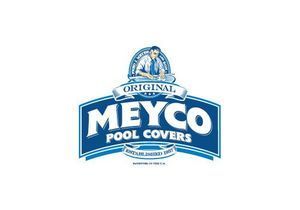 The Meyco Pool Covers logo in blue and white, featuring an illustration of a man working over the brand name.