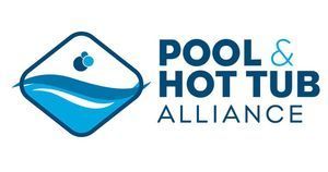 Logo for the Pool & Hot Tub Alliance featuring a blue rhombus containing a stylized water wave and bubble graphic.