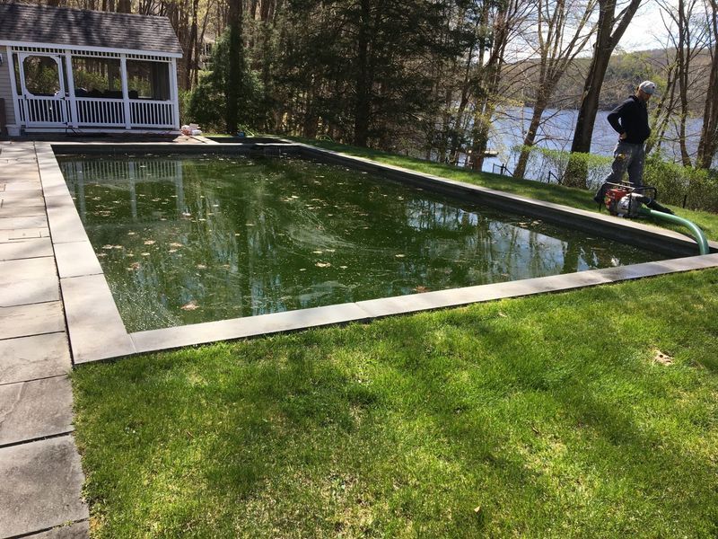 A person uses a pump to drain a green, leaf-covered swimming pool next to a grassy lawn and a gazebo near a lake.