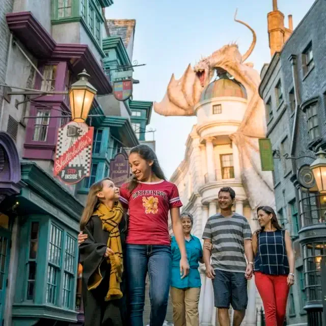 Family walking in front of a dragon on a building in Diagon Alley at Universal Studios, with colorful buildings.
