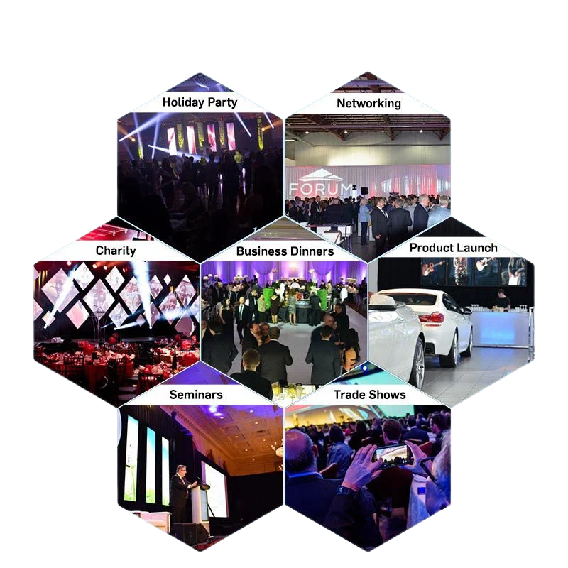 Event types collage: holiday party, networking, product launch, trade shows, seminars, business dinners, and charity events.