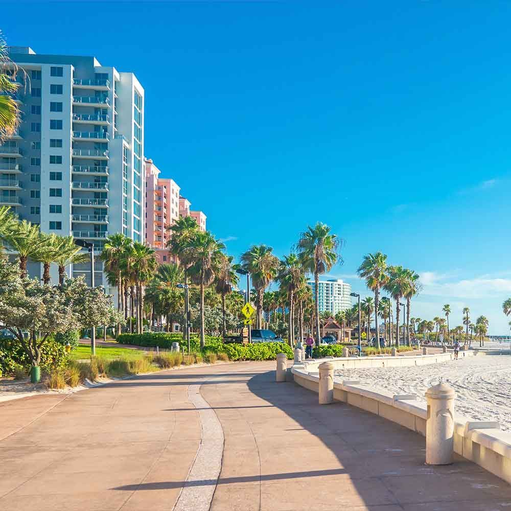 Beachfront promenade with tall buildings, palm trees, and a blue sky.
