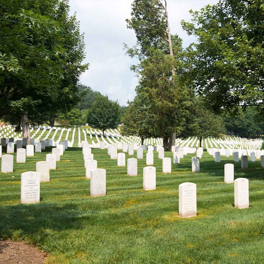 Rows of white headstones in a green grassy cemetery, with trees in the background under a partly cloudy sky.