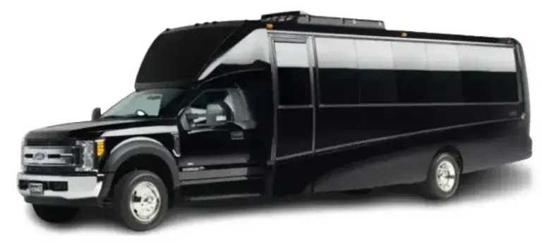 Black party bus on a white background, with tinted windows and silver accents.