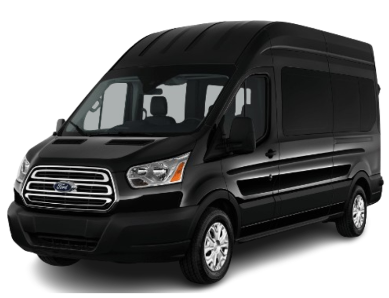 Black Ford Transit van on a road, angled view.