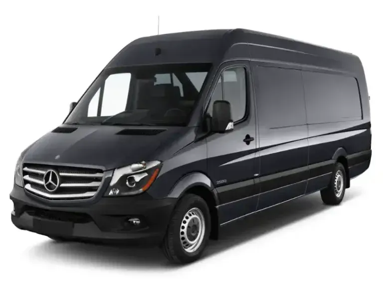 Dark blue Mercedes Sprinter van. Front three-quarter view.