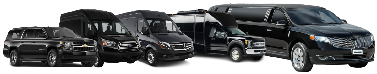 Various black vehicles lined up, including SUVs, vans, and a limo, likely for transportation services.