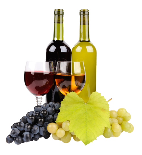 Two wine bottles with glasses, grapes, and leaves; red and white wine.