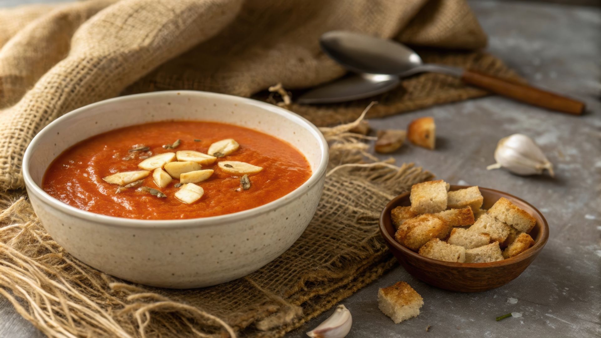 There is a bowl of soup and a bowl of croutons on the table.