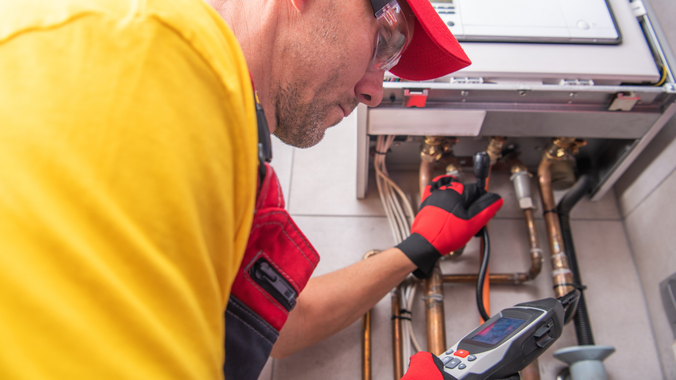 Man in red overalls and gloves inspecting boiler with a device.
