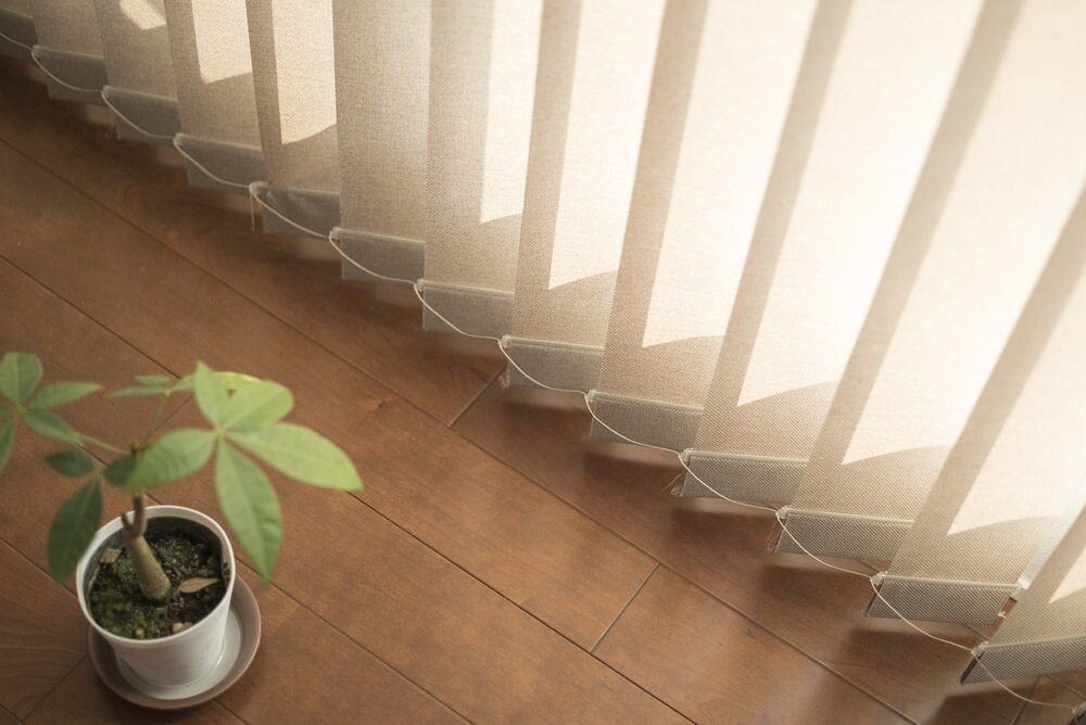 A Potted Plant is Sitting in Front of a Window With Vertical Blinds — Lismore Blinds in North Lismore, NSW