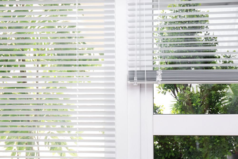 A Pair of White Blinds on a Window With Trees in the Background — Lismore Blinds in North Lismore, NSW