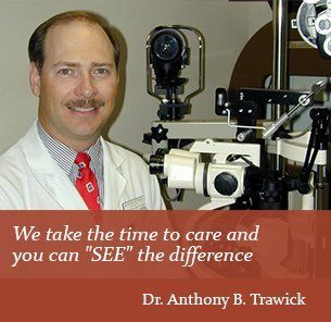 Glasses on an eye chart Dr Anthony B. Trawick with a quote that says we do more than seel glasses we take the time to care Lakeland FL Family Eye Center South