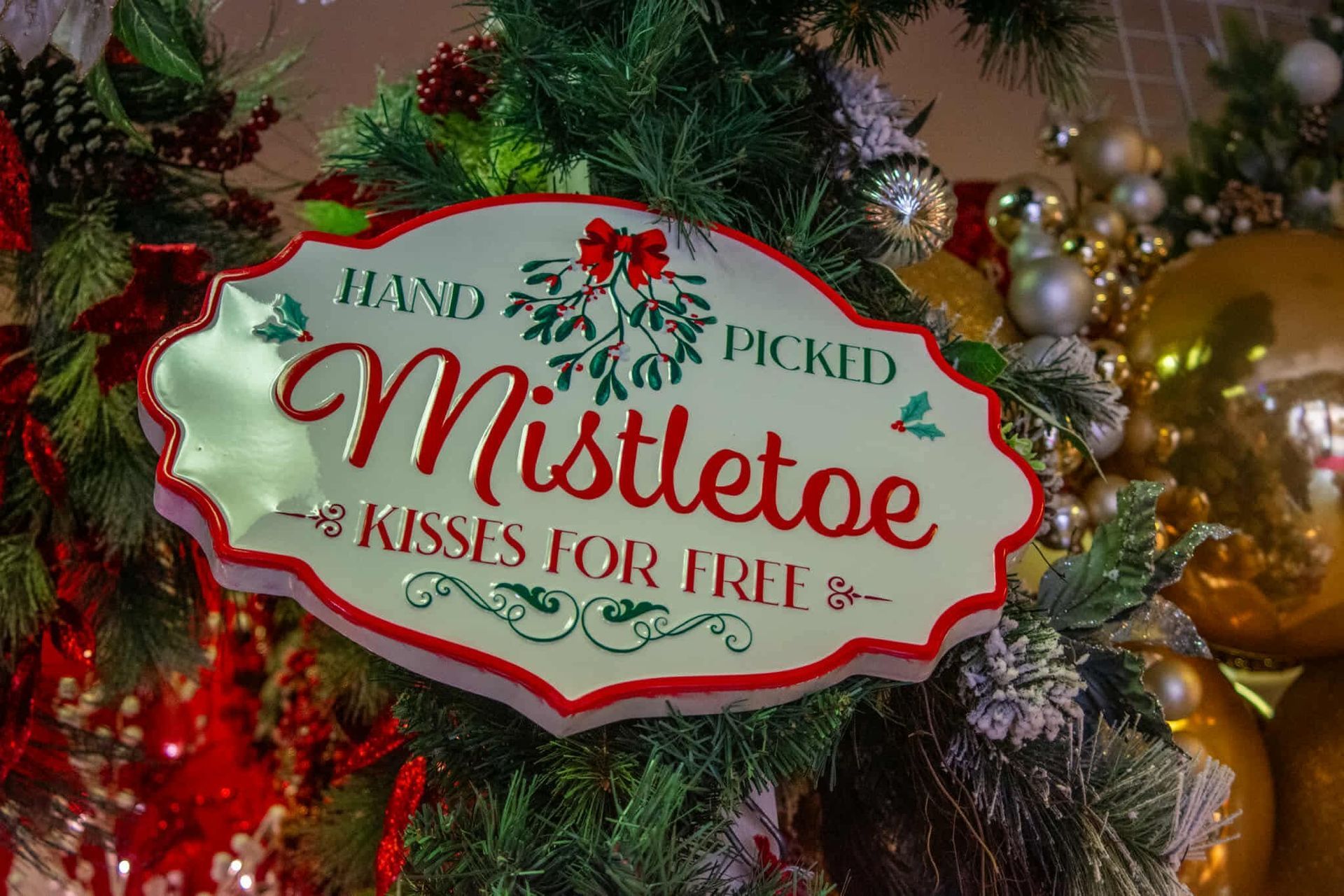 A sign on a christmas tree that says mistletoe kisses for true