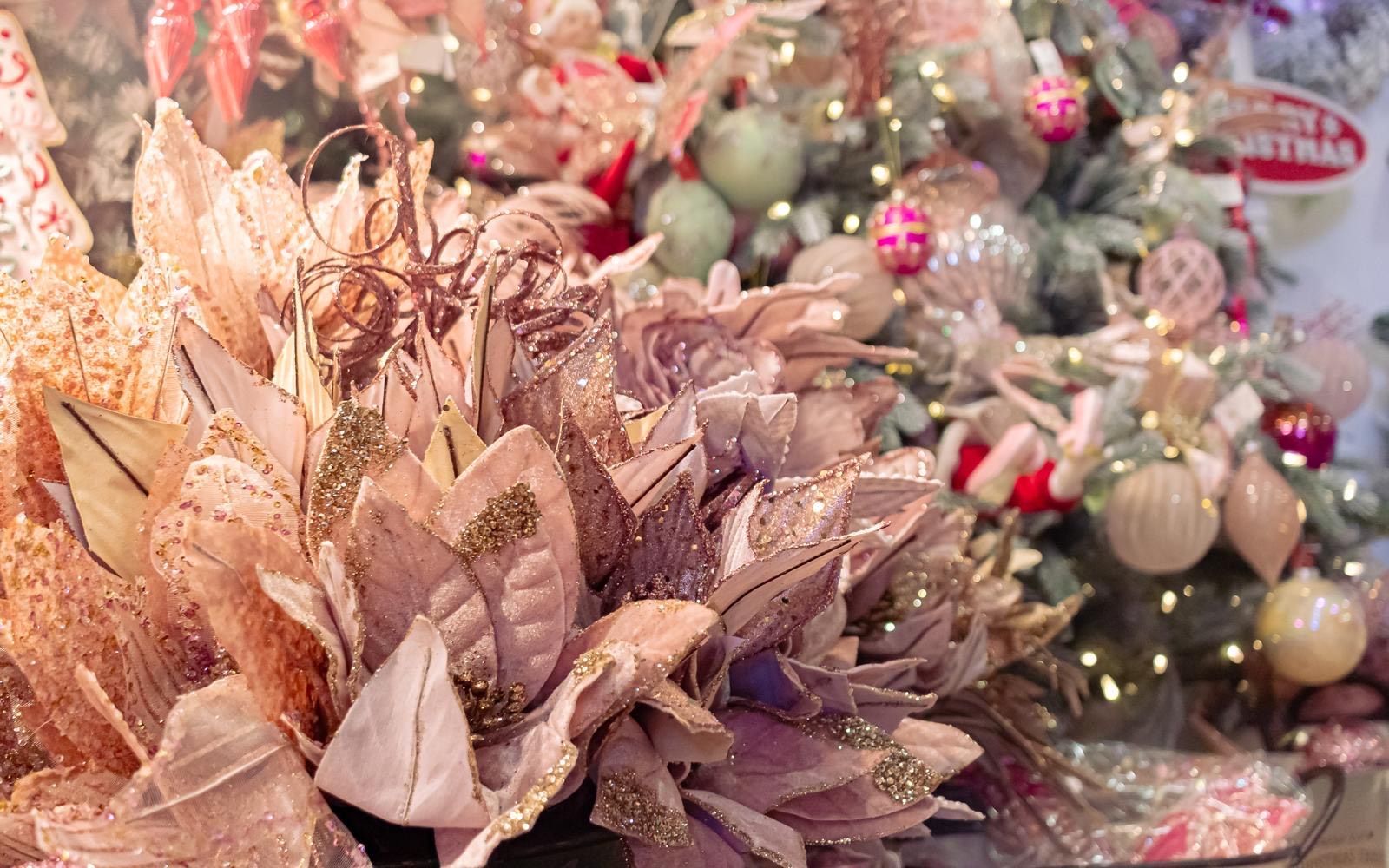 A close up of a pink flower in front of a christmas tree.