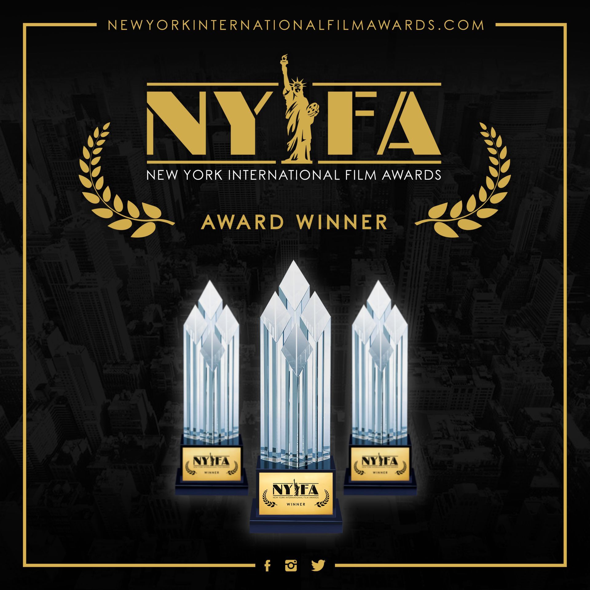 NYIFA Award Winner graphic: Three trophies on a black background with gold laurel and logo.