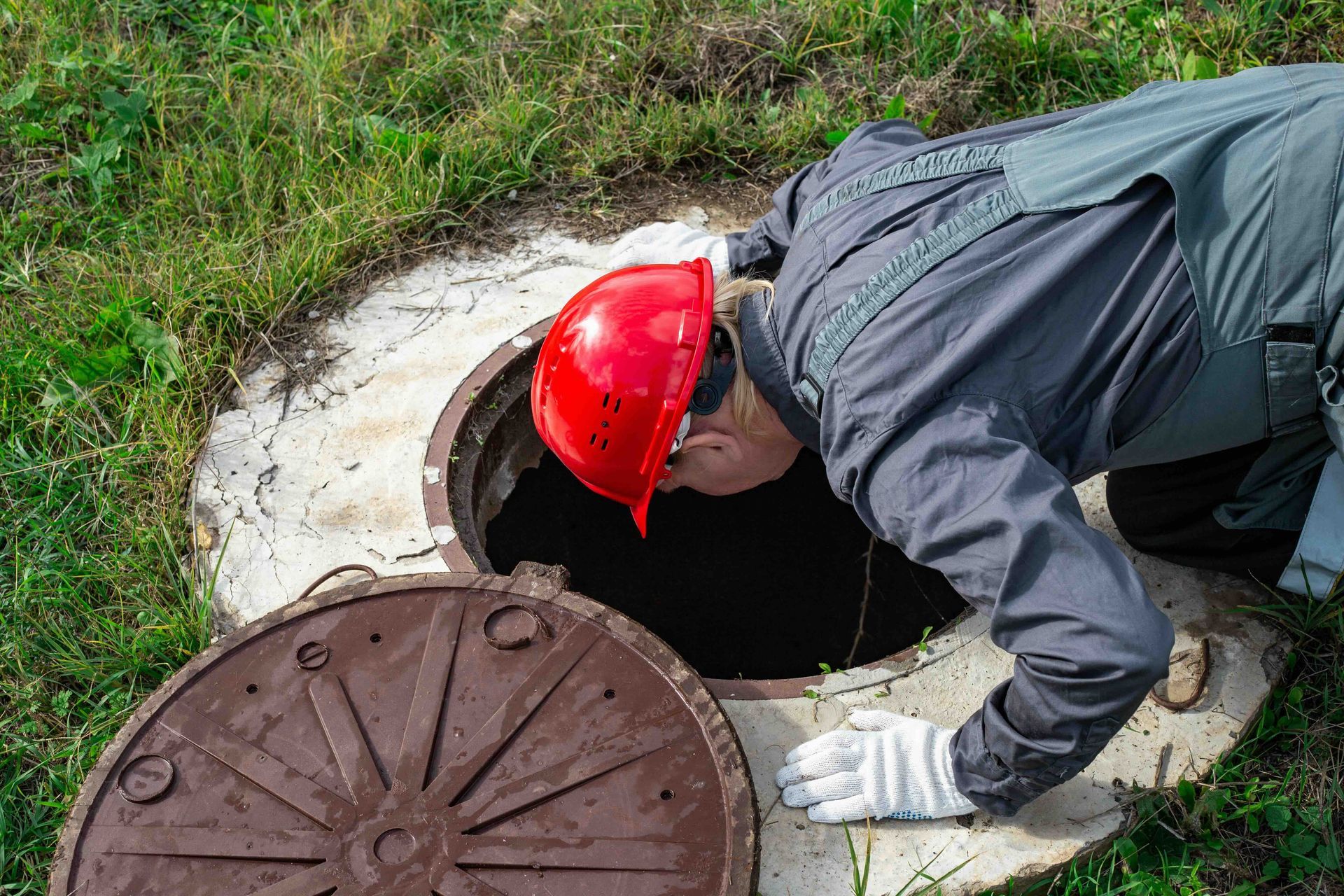 a man looking into a septic tank.
