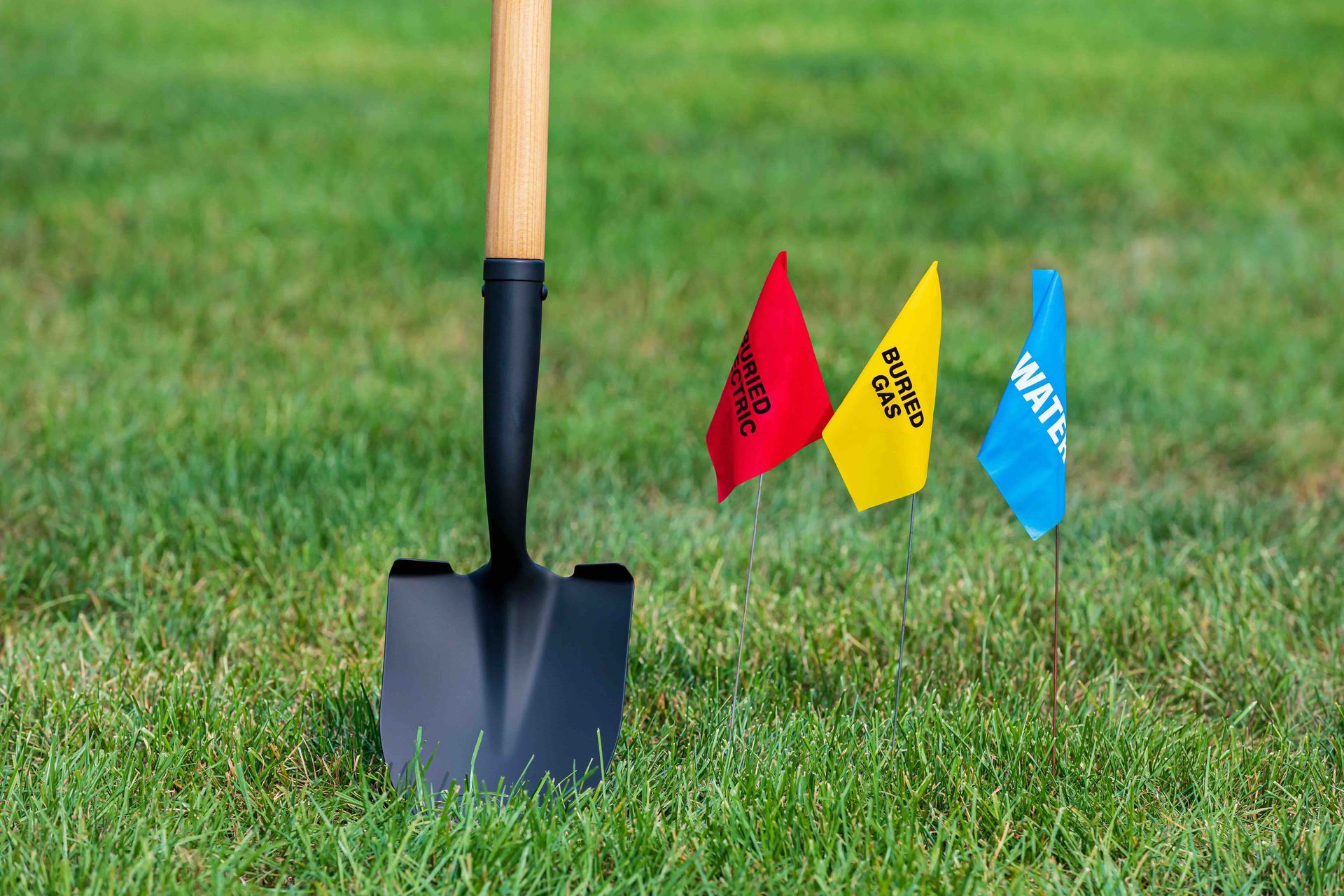 a shovel stabbed in the ground next to electrical, gas, and water marking flags.