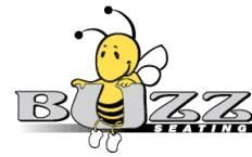 Bee mascot leaning on the word “Buzzy,” with “Seating” below in a logo.